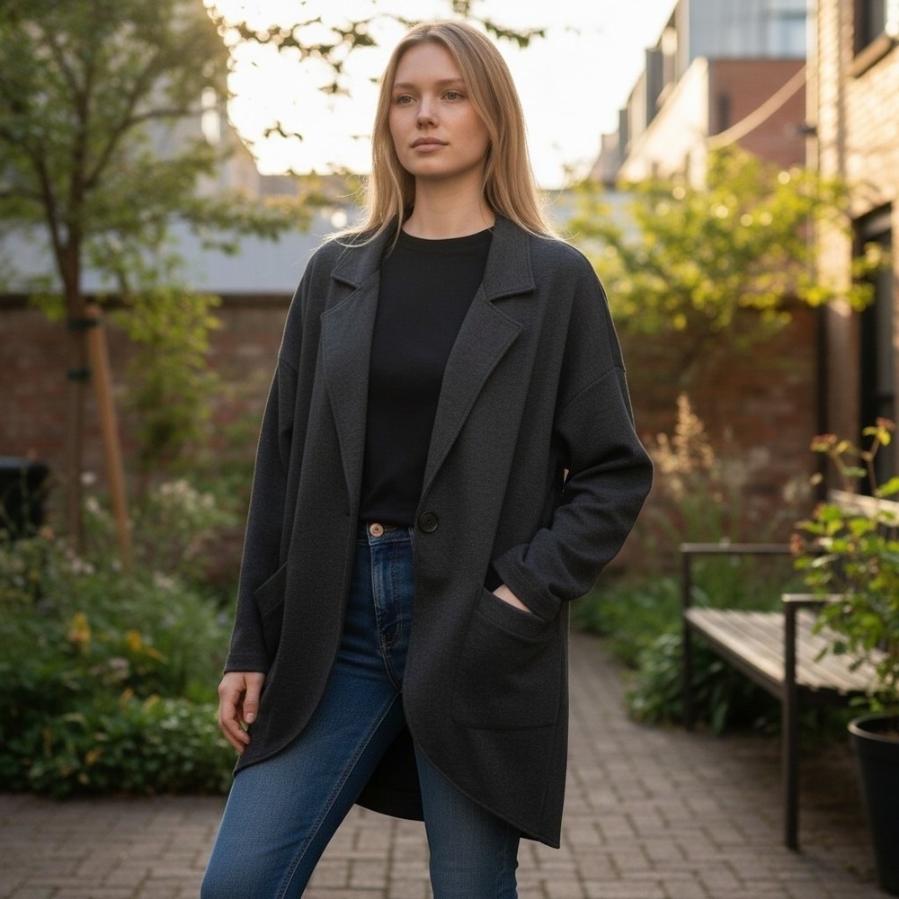 Cabi M'Legant Coat Knit Blazer Oversized Single Button Charcoal Gray Pockets S
